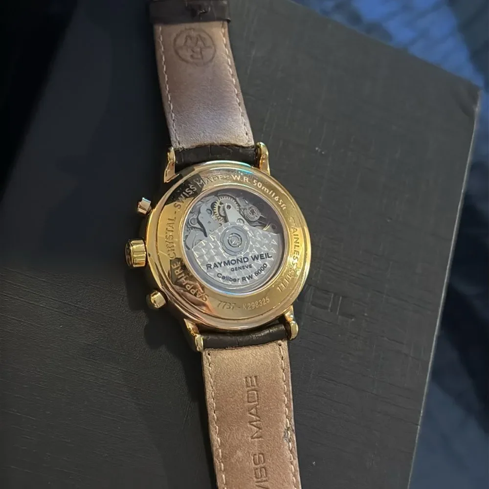 NEW! Raymond Weil Maestro Skeleton rose gold & brown Watch 7737 Timepiece